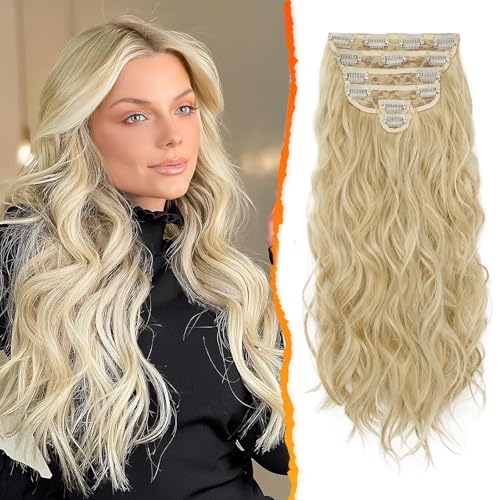 BARSDAR Clip in Haarverlängerung, 6PCs Lang Wellig Blond Haarextension Clip in 50CM Voller Kopf Dickes Synthetisches Clip Extensions Haarteil Für Damen (Helles Aschblond) von BARSDAR