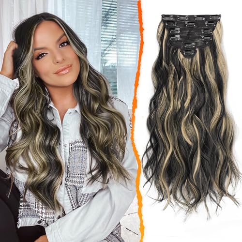 BARSDAR Clip in Haarverlängerung, 50CM Highlight Wellige Clip Extensions Für Frauen - 6PCs Dickes Natürliches Weiches Synthetisches Haarteil Haar Extension - Schwarz mit Highlights BARSDAR Clip in Haarverlängerung, 50CM Highlight Wellige Clip Extensions Für Frauen - 6PCs Dickes Natürliches Weiches Synthetisches Haarteil Haar Extension - Schwarz mit Highlights von BARSDAR