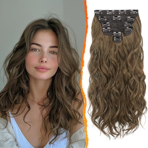 BARSDAR Haarverlängerung Für Damen, 50CM Lang Wellig Braun Extension, 6PCs Voller Kopf Dickes Synthetisches Clip-in Haarteil (Kastanien & Schokolade Braun) von BARSDAR