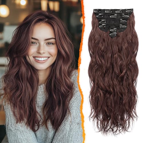 BARSDAR Clip in Haarverlängerung Für Damen, 50CM Lang Wellig Kastanien Haarextension Clip in 6PCs Voller Kopf Dickes Synthetisches Clip in Extensions Haarteil (Rötliches Kastanien Braun) von BARSDAR