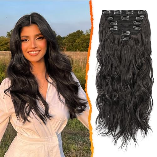 BARSDAR Clip in Haarverlängerung Für Damen, 50CM Lang Wellig Schwarz Braun Haarextension Clip in 6PCs Voller Kopf Dickes Synthetisches Clip Haarteil Halloween (Schwarz Braun) von BARSDAR