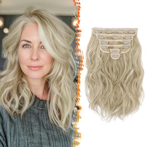 BARSDAR Clip-In Haarverlängerungen - 6 Stück Kurze Wellige Extensions Mit Highlights Für Frauen, 30cm Voller Kopf Dickes Synthetisches Haarteil - Graubraun Mit Blond von BARSDAR