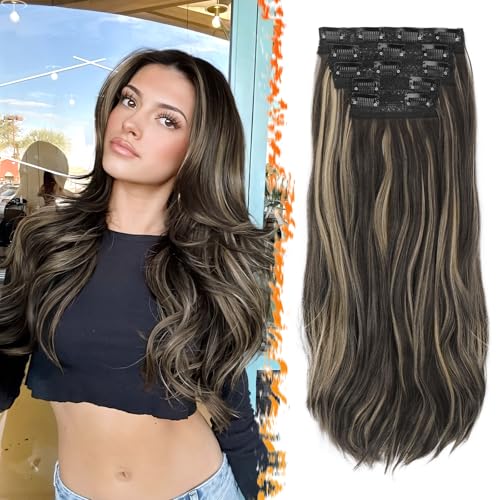 BARSDAR Clip in Haarverlängerungen Highlight, 50cm 5PCs Wellige Clip in Extensions für Frauen Natürliches Haarextension Synthetisches Haarteil Hair Extensions - Dunkelbraun mit blond Highlight BARSDAR Clip in Haarverlängerungen Highlight, 50cm 5PCs Wellige Clip in Extensions für Frauen Natürliches Haarextension Synthetisches Haarteil Hair Extensions - Dunkelbraun mit blond Highlight von BARSDAR