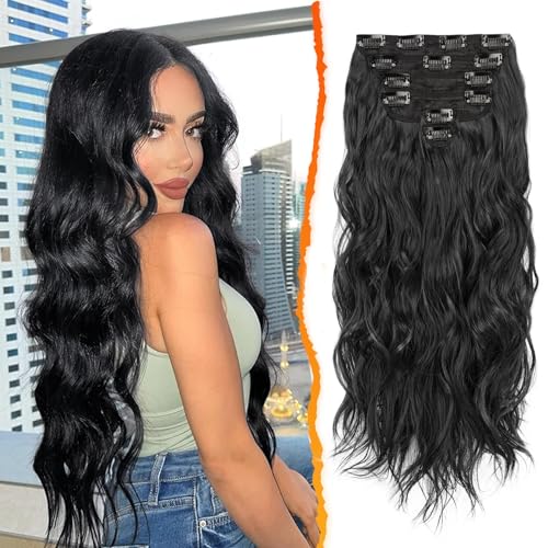 BARSDAR Clip in Schwarz Haarverlängerung Für Damen, 50CM Lang Wellig Schwarz Haarextension Clip in 6PCs Voller Kopf Dickes Synthetisches Clip Haarteil Halloween (Natürliches Schwarz) von BARSDAR