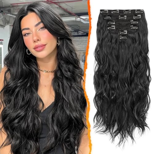 BARSDAR Clip in Schwarz Haarverlängerung Für Damen, 50CM Lang Wellig Haarextension Clip in 6PCs Voller Kopf Dickes Synthetisches Haarteil Halloween (Natürliches Schwarz) von BARSDAR