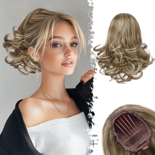 BARSDAR Comb Clip Pferdeschwanz Haarteil mit Kordelzug, 25cm Kurzes Wellige Pferdeschwanz Zopf Extensions für Damen Synthetisch Clip in Haarteile Ponytail Extension - Mittelbraun mit Highlights BARSDAR Comb Clip Pferdeschwanz Haarteil mit Kordelzug, 25cm Kurzes Wellige Pferdeschwanz Zopf Extensions für Damen Synthetisch Clip in Haarteile Ponytail Extension - Mittelbraun mit Highlights von BARSDAR