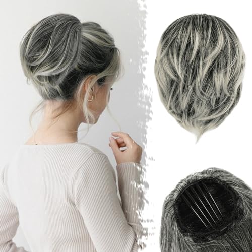 BARSDAR Gerades Haardutt Extension Kurzes Pferdeschwanz Dutt Grau Haar Chignon mit Kamm Clip Dutt Hochsteckfrisuren Kordelzug Dutt Synthetik Haarteil Extension für Frauen Tägliche (Grau & Weiß Tipps) von BARSDAR