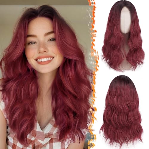 BARSDAR Gewellt Ombre Rot Perücke, 46cm Mittel Länge Perücke für Frauen Mittelscheitel Natürlich Haar Hitzebeständig Synthetisches Schulter Länge Lockige Perücken Cosplay Party Halloween - Ombre Rot von BARSDAR