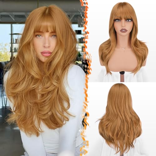 BARSDAR Gloden Ingwer Perücke mit Pony, 50cm Ingwer Layered Perücke mit Bangs für Frauen Natürliches Aussehen Weiche Gewellte Synthetische Perücken Glattes Haarschnitt Fringe Tägliche Party Halloween von BARSDAR