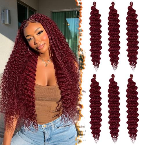 BARSDAR GoGo Curl Crochet Hair, 55cm 6 Packs Ocean Wave Crochet Hair für Damen Synthetik Boho Braids Haar Water Wellig Lange Lockig Braiding Haarverlängerungen - Burgunder Rot von BARSDAR