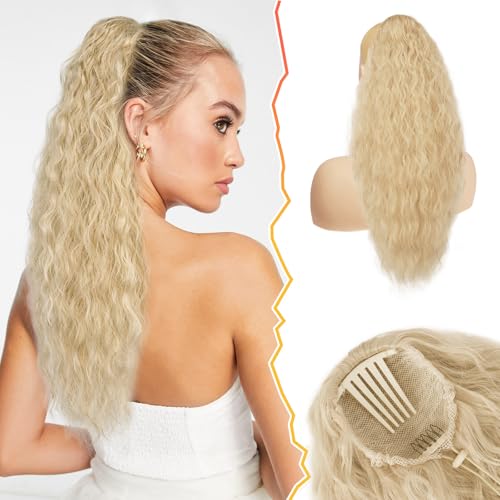 BARSDAR Pferdeschwanz Haarteil, 56cm Lang Wellige Lockige Pferdeschwanz Verlängerung mit Kordelzug Synthetik Comb Clip in Ponytail Extension für Damen - Beige Blond Gemischt von BARSDAR