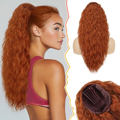BARSDAR Pferdeschwanz Haarteil, 56cm Lang Wellige Ponytail Extension mit Kordelzug Synthetisch Pferdeschwanz Haarverlängerung Comb Clip in Zopf Haarteile für Frauen - Kupferrot von BARSDAR