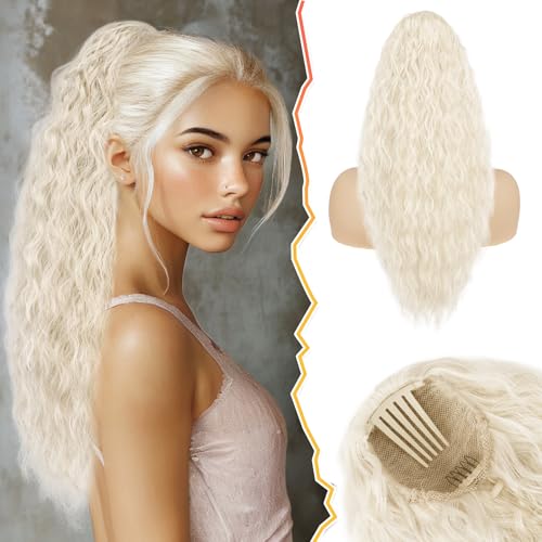 BARSDAR Blond Pferdeschwanz Haarteil, 56cm Lockige Wellige Pferdeschwanz Verlängerung mit Kordelzug Synthetik Comb Clip in Ponytail Extension Haarteil für Frauen - Platinblond Gemischt von BARSDAR