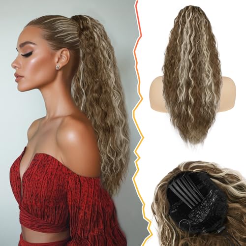 BARSDAR Pferdeschwanz Haarteil mit Kordelzug, 56cm Lockige Wellige Ponytail Extension für Frauen Lang Synthetik Comb Clip in Pferdeschwanz Haarverlängerung Zopf - Mittleres Braun mit Highlights von BARSDAR