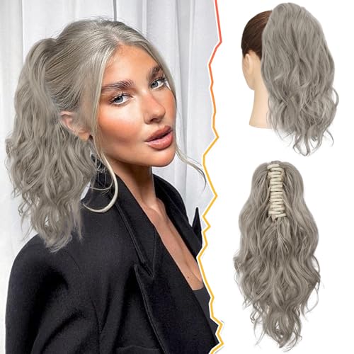 BARSDAR Klaue Clip Pferdeschwanz Extension, 35 CM Kurzes Gewellt Pferdeschwanz Haarverlängerung für Damen Grau Pferdeschwanz Dicker Synthetik Clip Haarteil für Mädchen Tägliche Party(Gray Mixed) von BARSDAR