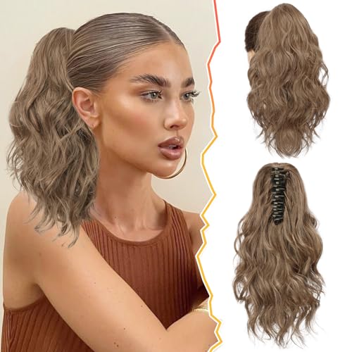 BARSDAR Klaue Clip Pferdeschwanz Extension, 35 CM Lockig Gewellt Pferdeschwanz Haarverlängerung Dicker Weich Synthetik Clip Pferdeschwanz Haarteil Damen Mädchen(Braun & Blond Gemischt) von BARSDAR