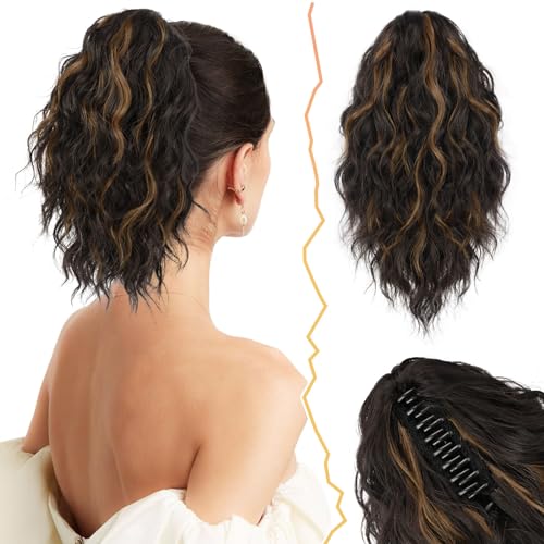 BARSDAR Klauen Clip Pferdeschwanz Verlängerung 30CM Kurzes Wellige Klauen Clip Ponytail Extension Multi Layered Synthetik Pferdeschwanz Haarteil für Damen (Braun & Blond) von BARSDAR