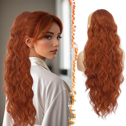 BARSDAR Pferdeschwanz Haarteil Kupfer Rot, 66cm Pferdeschwanz Haarverlängerung für Damen Lang Lockige Wellige Zopf Extensions Synthetik Clip in Ponytail Extension - Cowboy Kupfer Rot von BARSDAR