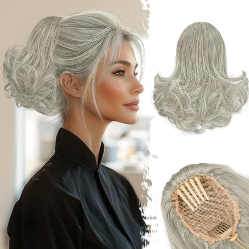 BARSDAR Kurzes Graue Ponytail Extensions, 25cm Lockige Wellige Comb Clip in Pferdeschwanz Haarteil mit Kordelzug Zopf Extensions für Damen Synthetisch Pferdeschwanz Haarverlängerungen - Silber Graue von BARSDAR
