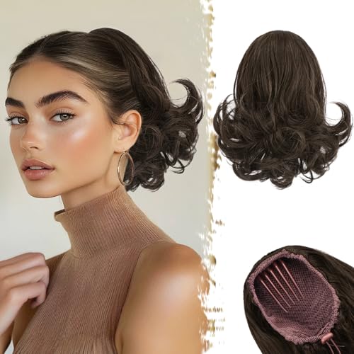 BARSDAR Kurzes Ponytail Extension Braun - 25cm Wellige Zopf Pferdeschwanz Haarteil mit Kordelzug für Damen Synthetisch Comb Clip in Pferdeschwanz Haarverlängerung Haarteile - Braun von BARSDAR