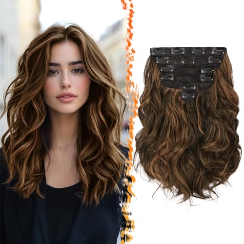 BARSDAR Kurzes Wellige Clip in Extensions 30cm Highlight Clip in Haarverlängerung für Frauen 6PCs Voller Kopf Dickes Synthetisches Clip in Haarteil - Dunkel Braun mit Highlights BARSDAR Kurzes Wellige Clip in Extensions 30cm Highlight Clip in Haarverlängerung für Frauen 6PCs Voller Kopf Dickes Synthetisches Clip in Haarteil - Dunkel Braun mit Highlights von BARSDAR