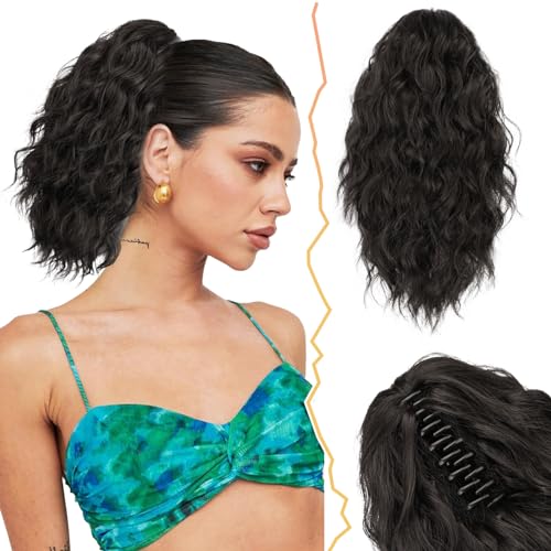 BARSDAR Kurzes Wellige Pferdeschwanz Verlängerung 30CM Klauen Clip Pferdeschwanz Haarverlängerung Multi Layered Haare Haare Natürliches Synthetik Pferdeschwanz Haarteil für Damen (Schwarz Braun) von BARSDAR