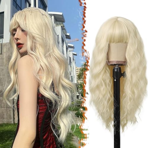 BARSDAR Lange Platinblond Perücke mit Pony, 66cm Lange Gewellte Perücke mit Pony für Frauen Natürliches Aussehen Synthetische Haar Perücken Täglich Cosplay Party Halloween von BARSDAR