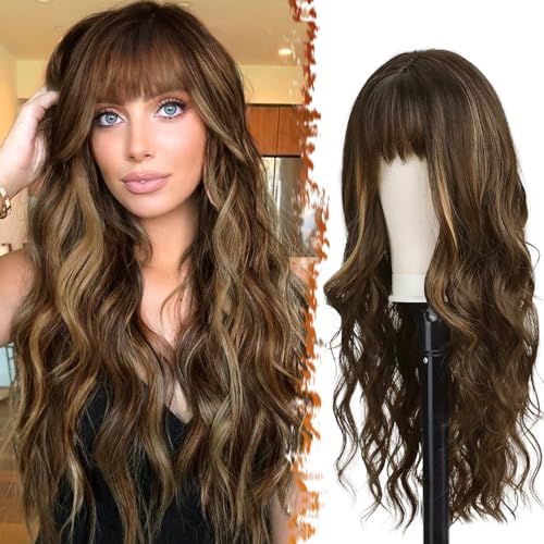 BARSDAR Lang Gewellte Blond Highlight Perücken 66CM Lang Gewellte Perücken mit Pony Balayage Natürlich Haare hitzebeständig Synthetische Perücken für Damen Mädchen täglich Party (Braun Mix Blond) von BARSDAR