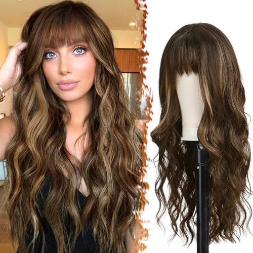 BARSDAR Lange Gewellte Highlight Perücke mit Pony, 66cm Lange Gewellt Rot Perücke mit Pony für Frauen Synthetische Balayage Haar Perücken Natürliches Aussehen Täglich Cosplay Party - Braun Mix Blond von BARSDAR
