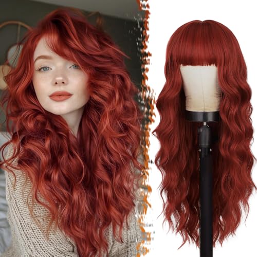 BARSDAR Lange Gewellte Kupfer Rot Perücke mit Pony, 66cm Lange Gewellt Rot Perücke mit Pony für Frauen Natürliches Aussehen Synthetische Haar Perücken Täglich Cosplay Party Halloween von BARSDAR