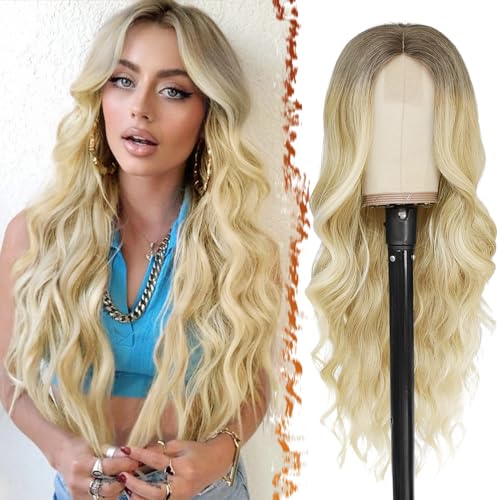 BARSDAR Lange Blond Perücke, 66cm Lange Wellig Blond Perücke Mittelscheitel Lace Front Natürliche Synthetische Haar Replacement Perücken für Frauen Tägliche Party Halloween Perücke (Ombre Blond) BARSDAR Lange Blond Perücke, 66cm Lange Wellig Blond Perücke Mittelscheitel Lace Front Natürliche Synthetische Haar Replacement Perücken für Frauen Tägliche Party Halloween Perücke (Ombre Blond) von BARSDAR