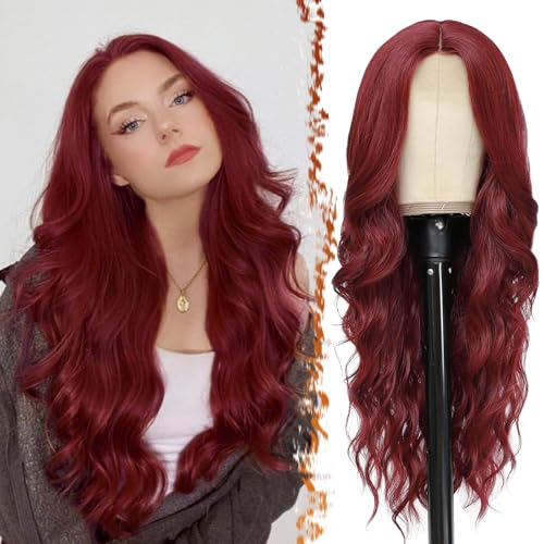 BARSDAR Lange Wellig Rot Perücke, 66cm Mittelscheitel Lockige Wellig Lace Front Natürliche Hitzebeständig Synthetische Haar Perücken für Frauen Tägliche Party Cosplay Halloween Perücke (Rot) von BARSDAR