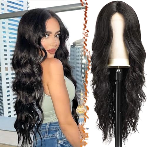BARSDAR Lange Wellig Schwarz Perücke, 66cm Natürliche Mittelscheitel Synthetische Haar Replacement für Frauen Tägliche Party Halloween (Natürliche Schwarz) BARSDAR Lange Wellig Schwarz Perücke, 66cm Natürliche Mittelscheitel Synthetische Haar Replacement für Frauen Tägliche Party Halloween (Natürliche Schwarz) von BARSDAR