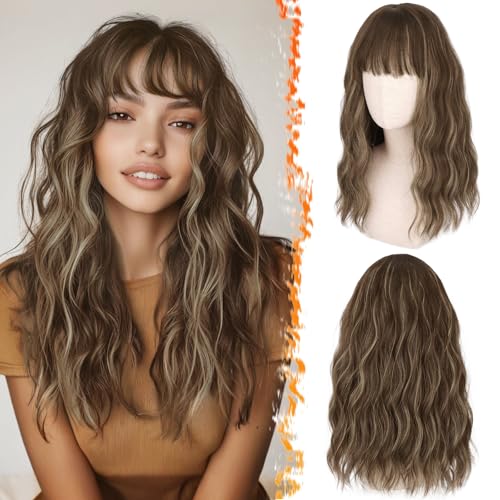 BARSDAR Lockige Wellig Braun Blond Perücke, 46cm Wellig Highlight Perücke mit Pony für Frauen Schulterlange Haar Perücke Synthetisches Hitzebeständig Perücke Cosplay Party - Braun Mix Blond BARSDAR Lockige Wellig Braun Blond Perücke, 46cm Wellig Highlight Perücke mit Pony für Frauen Schulterlange Haar Perücke Synthetisches Hitzebeständig Perücke Cosplay Party - Braun Mix Blond von BARSDAR