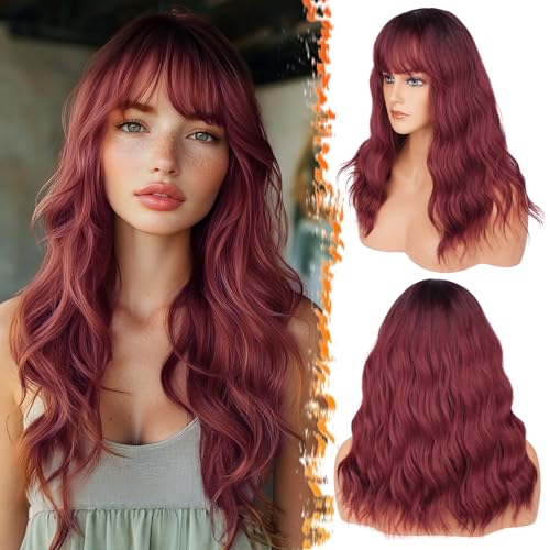 BARSDAR Lockige Wellig Ombre Rot Perücke mit Pony, 46cm Wellig Mittel Lange Perücke mit Pony für Frauen Schulterlange Haar Perücke Synthetisches Hitzebeständig Perücke Cosplay Party - Ombre Rot von BARSDAR