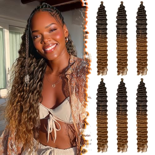 BARSDAR Ocean Wave Crochet Braiding Haare, 55cm 6 Packs Deep Wave GoGo Curl Crochet Hair für Damen Synthetik Boho Braids Water Wellig Lange Lockig Braiding Haarverlängerungen - Schwarz Ombre Auburn von BARSDAR
