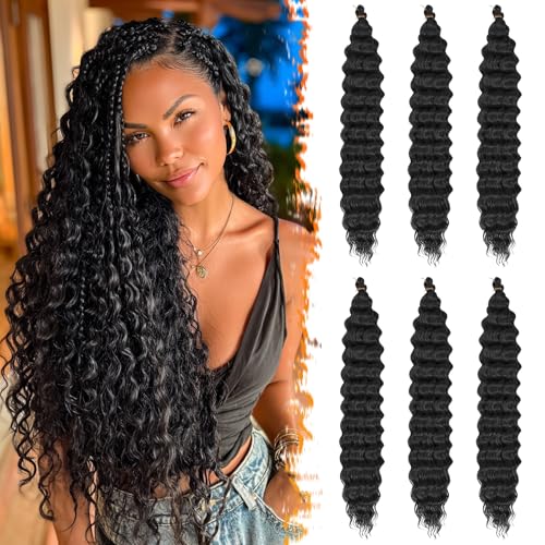 BARSDAR Ocean Wave Crochet Braiding Hair, 55cm 6 Packs Deep Wave GoGo Curl Crochet Hair für Damen Synthetik Bohemian Braids Haar Zöpfe Extensions Lange Lockig Braids Extensions - Schwarz von BARSDAR