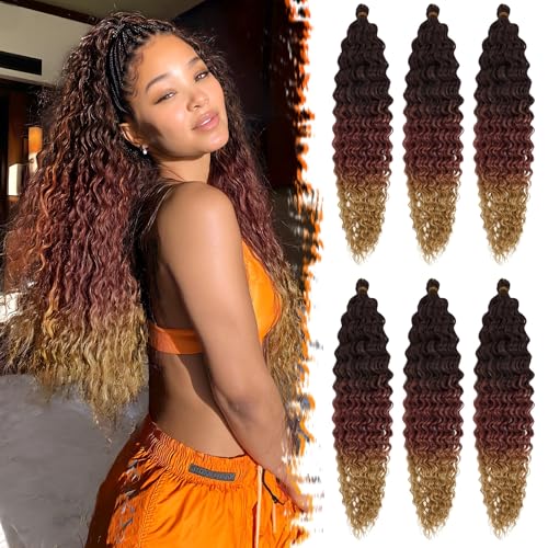 BARSDAR Ocean Wave Crochet Haare, 55cm 6 Packs Deep Wave GoGo Curl Crochet Hair für Damen Synthetik Boho Braids Water Wellig Lange Lockig Braiding Haarverlängerungen - Schwarz Ombre Auburn to Blond BARSDAR Ocean Wave Crochet Haare, 55cm 6 Packs Deep Wave GoGo Curl Crochet Hair für Damen Synthetik Boho Braids Water Wellig Lange Lockig Braiding Haarverlängerungen - Schwarz Ombre Auburn to Blond von BARSDAR