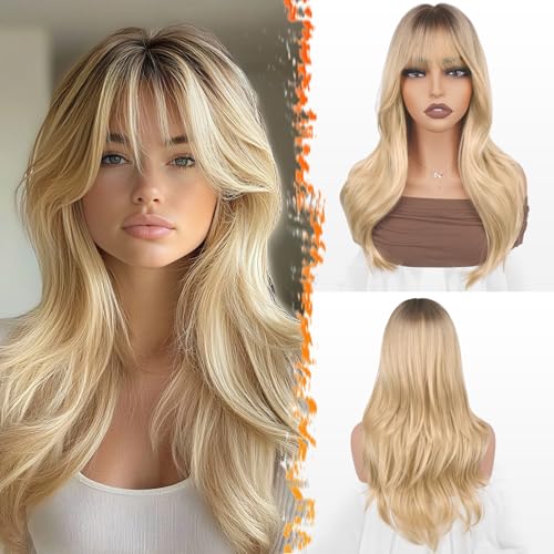 BARSDAR Ombre Blond Perücke mit Pony, 50cm Layered Perücke mit Dunklen Wurzeln für Frauen Natürliches Aussehen Weiche Gewellte Synthetische Sabrina Perücken Glattes Haarschnitt Fringe Tägliche Party von BARSDAR