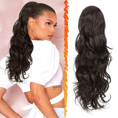 BARSDAR Pferdeschwanz Extensions Dunkel Braun, 50cm Lockige Gewellt Haarverlängerung Mit Kordelzug - Synthetik Clip in Haarteil Ponytail Extension für Damen von BARSDAR