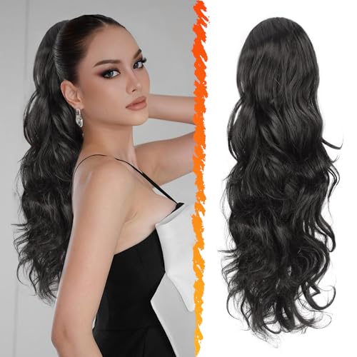 BARSDAR Pferdeschwanz Extensions Schwarz Braun, 50cm Lockige Gewellt Kordelzug Pferdeschwanz Haarverlängerung für Frauen Synthetik Clip in Pferdeschwanz Haarteil Ponytail Extension - Schwarz Braun von BARSDAR
