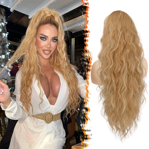 BARSDAR Pferdeschwanz Haarteil Blond mit Kordelzug, 66cm Lang Lockige Wellige Pferdeschwanz Haarverlängerung Zopf Extensions für Damen Synthetik Clip in Ponytail Extension - Blond Gemischt von BARSDAR