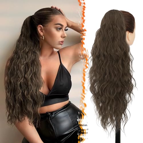 BARSDAR Pferdeschwanz Haarteil Braun, Pferdeschwanz mit Kordelzug für Damen - 66cm Lang Lockige Wellige Zopf Pferdeschwanz Haarverlängerung Synthetik Clip in Ponytail Extension - Helles Braun von BARSDAR