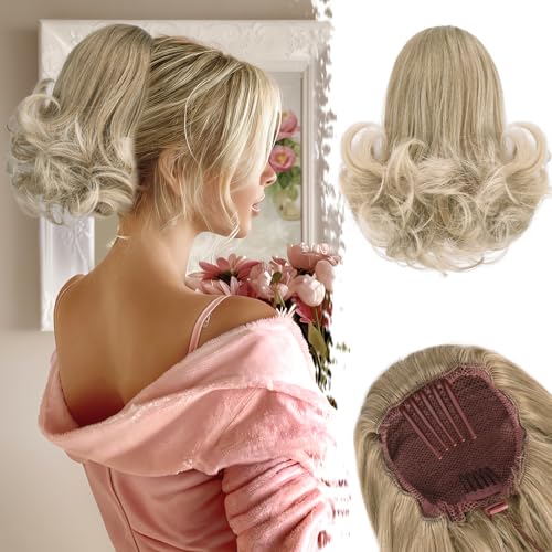 BARSDAR Pferdeschwanz Haarteil mit Kordelzug, 25cm Kurzes Wellig Ponytail Extension für Damen Synthetisch Comb Clip in Haarteile Zopf Pferdeschwanz Haarverlängerung - Omber Honig Blond Gemischt von BARSDAR
