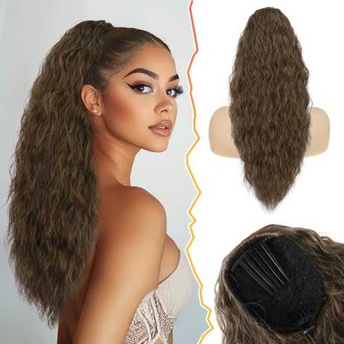 BARSDAR Ponytail Extension, 56cm Lockige Wellige Pferdeschwanz Haarverlängerungen mit Kordelzug Synthetisch Comb Clip in Pferdeschwanz Haarteil Zopf für Frauen - Mittleres Braun Gemischt von BARSDAR