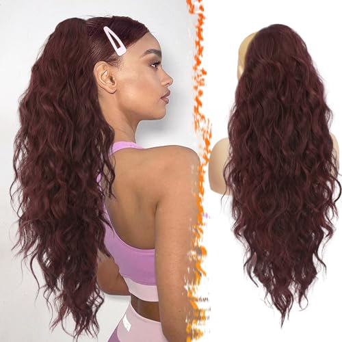 BARSDAR Ponytail Extension mit Kordelzug, 66cm Lang Lockige Wellige Pferdeschwanz Haarteil Haar Extension für Damen Synthetik Pferdeschwanz Haarverlängerung - Dark Burgundy von BARSDAR