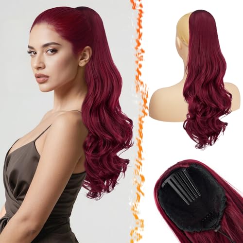 BARSDAR Wellige Pferdeschwanz Haarteil Burgunderrot mit Kordelzug, 50cm Synthetik Comb Clip in Ponytail Extension für Frauen Natürliche Lockige Pferdeschwanz Haarverlängerung Zopf Haarteile von BARSDAR