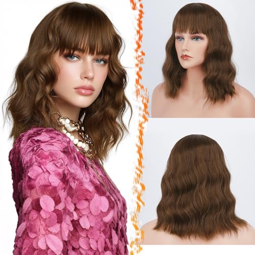 Barsdar Kurze Bob Perücken mit Pony schulterlange Frauen kurze Perücke Lockige Gewellte Synthetische Cosplay Perücke Perücke für Mädchen Kostüm Perücken Bunte Natürliche Gewellte Perücken von BARSDAR
