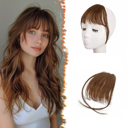 BARSDAR Clip in Pony Echtes menschliches Haar, Echtes menschliches Haar Clip in Bangs für Frauen - Mittelbraun Wispy Pony Extensions Fringe mit Schläfen Echtes Haar Fringe Haarteile - Mittelbraun von BARSDAR