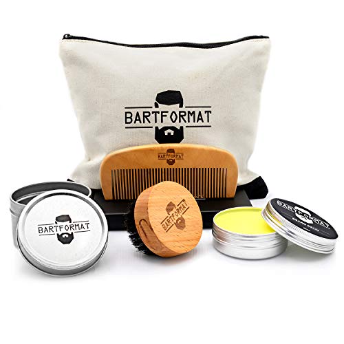 Bartpflege Set "GLATTMACHER" von BARTFORMAT (4-Teilig) - Runde Bartbürste (Wildschweinborsten) + Bart Balsam (60ml) + Bartkamm (Birnbaumholz) - Das Bartpflege Geschenk-Set für Männer von BARTFORMAT